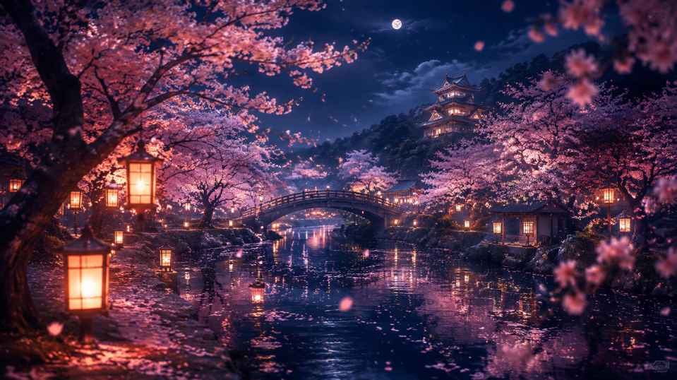 夜樱景色 灯笼微光 花瓣朦胧 夜色浪漫 4K壁纸 - 唯爱壁纸
