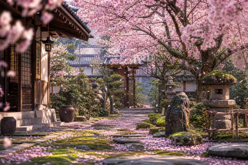 樱花庭院 石径青苔 落英缤纷 雅致春日 4K壁纸 - 唯爱壁纸