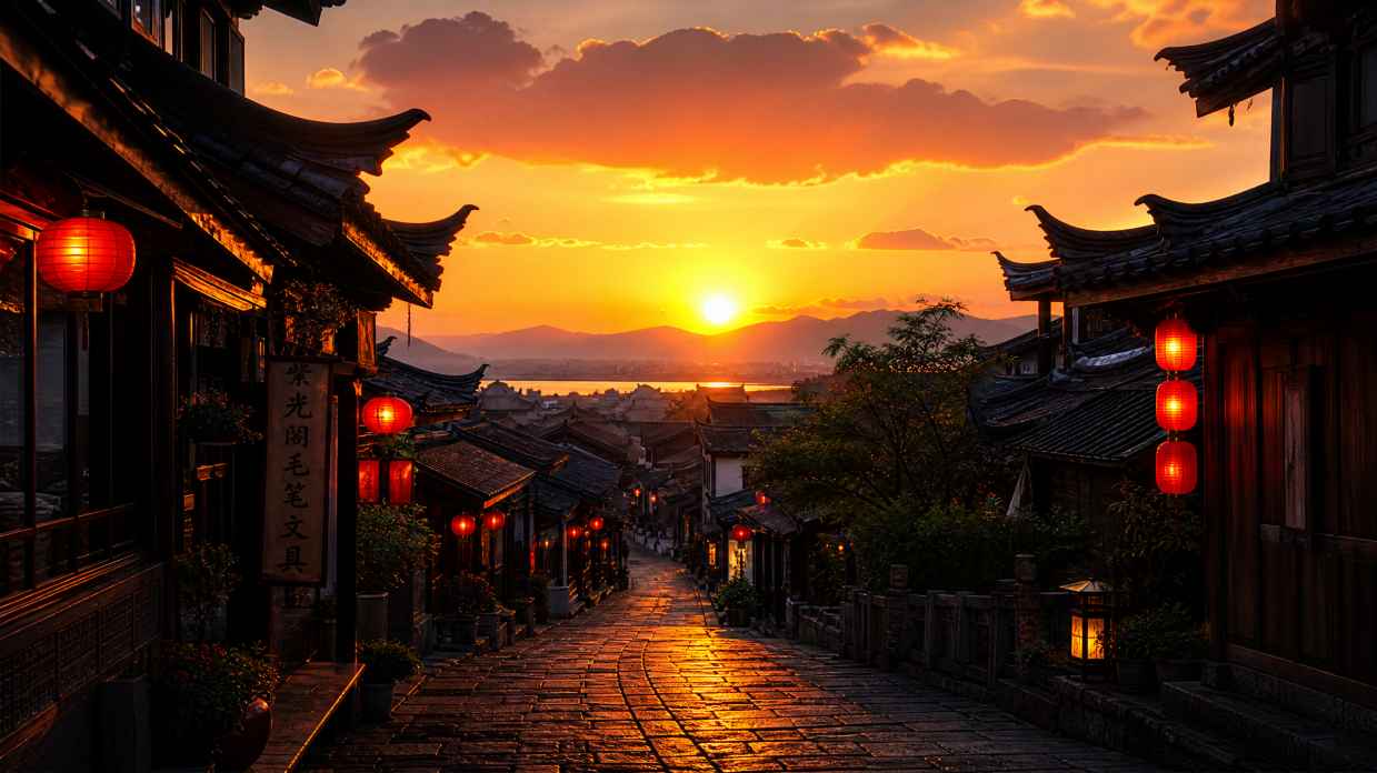 古镇夕阳 青石路暖光 灯笼初亮 屋檐剪影 唯美街巷 4K 壁纸 - 唯爱壁纸