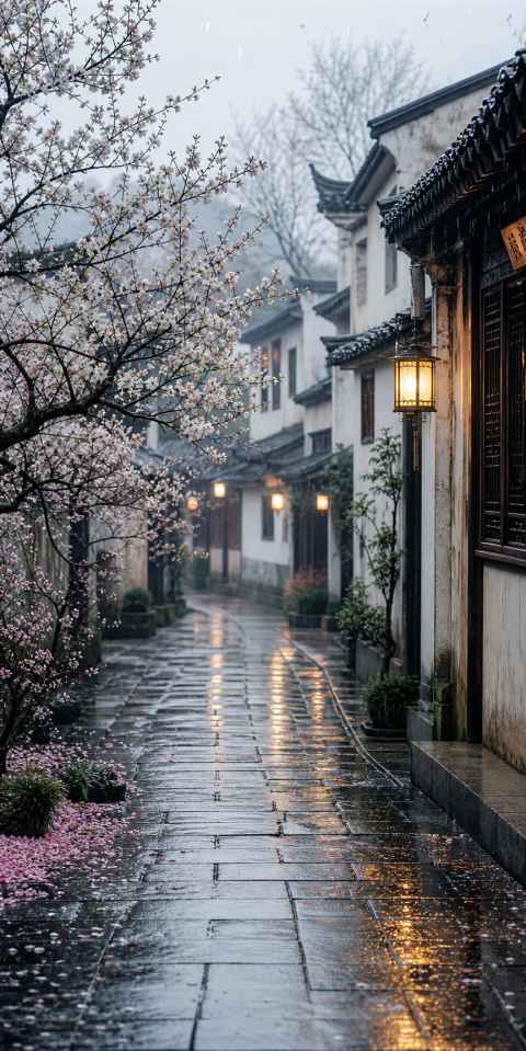 杏花微雨 细雨沾花 江南街巷 朦胧诗意 4K壁纸 - 唯爱壁纸