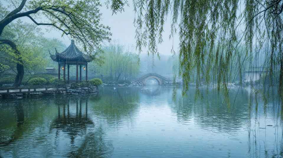 园林雨景 湖面涟漪 垂柳含烟 江南雅致 4K壁纸 - 唯爱壁纸