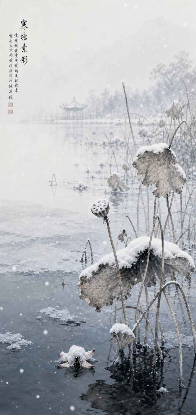 雪落荷塘残荷 残荷积雪 水墨意境 清雅冬韵 4K壁纸 - 唯爱壁纸