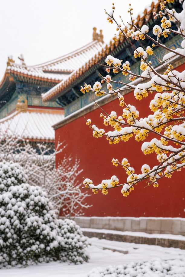 红墙雪景 白雪覆盖 腊梅旁生 雅致国风 4K壁纸 - 唯爱壁纸