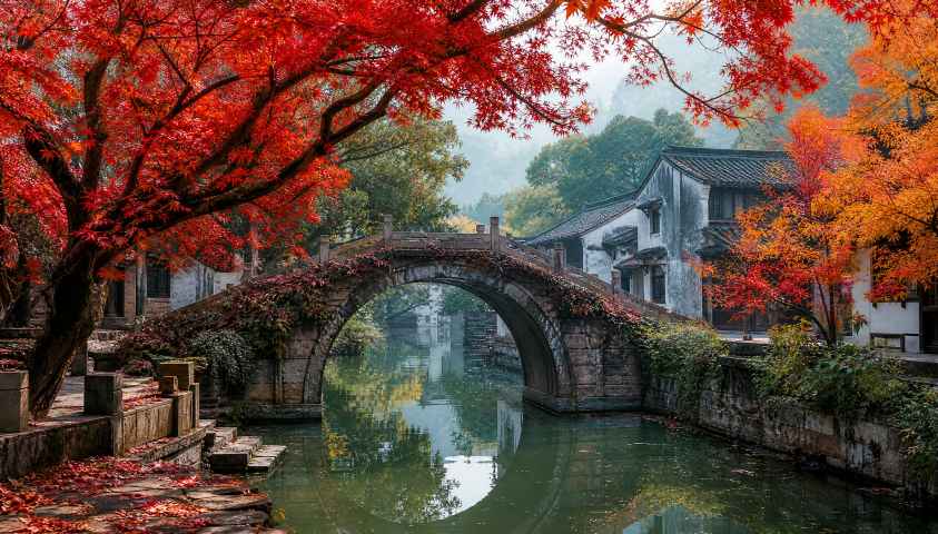 红枫与古桥流水 小桥流水 红枫傍岸 江南秋韵 4K壁纸 - 唯爱壁纸