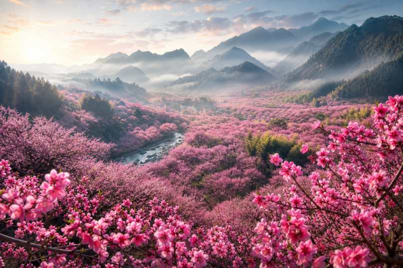 桃花山谷 粉红花海 远山如黛 春日秘境 4K壁纸 - 唯爱壁纸