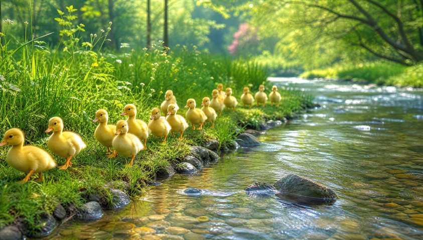 雏鸭与溪边青草 成群漫步 溪水潺潺 生机初夏 4K壁纸 - 唯爱壁纸