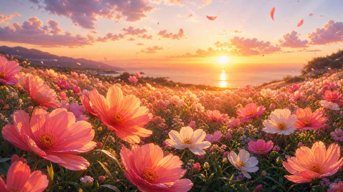 花海夕阳 花瓣泛金 微风轻拂 色彩柔和 唯美花卉 4K 壁纸 - 唯爱壁纸