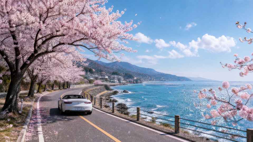 樱花与海岸线 沿海公路 花树伴海 自驾治愈 4K壁纸 - 唯爱壁纸
