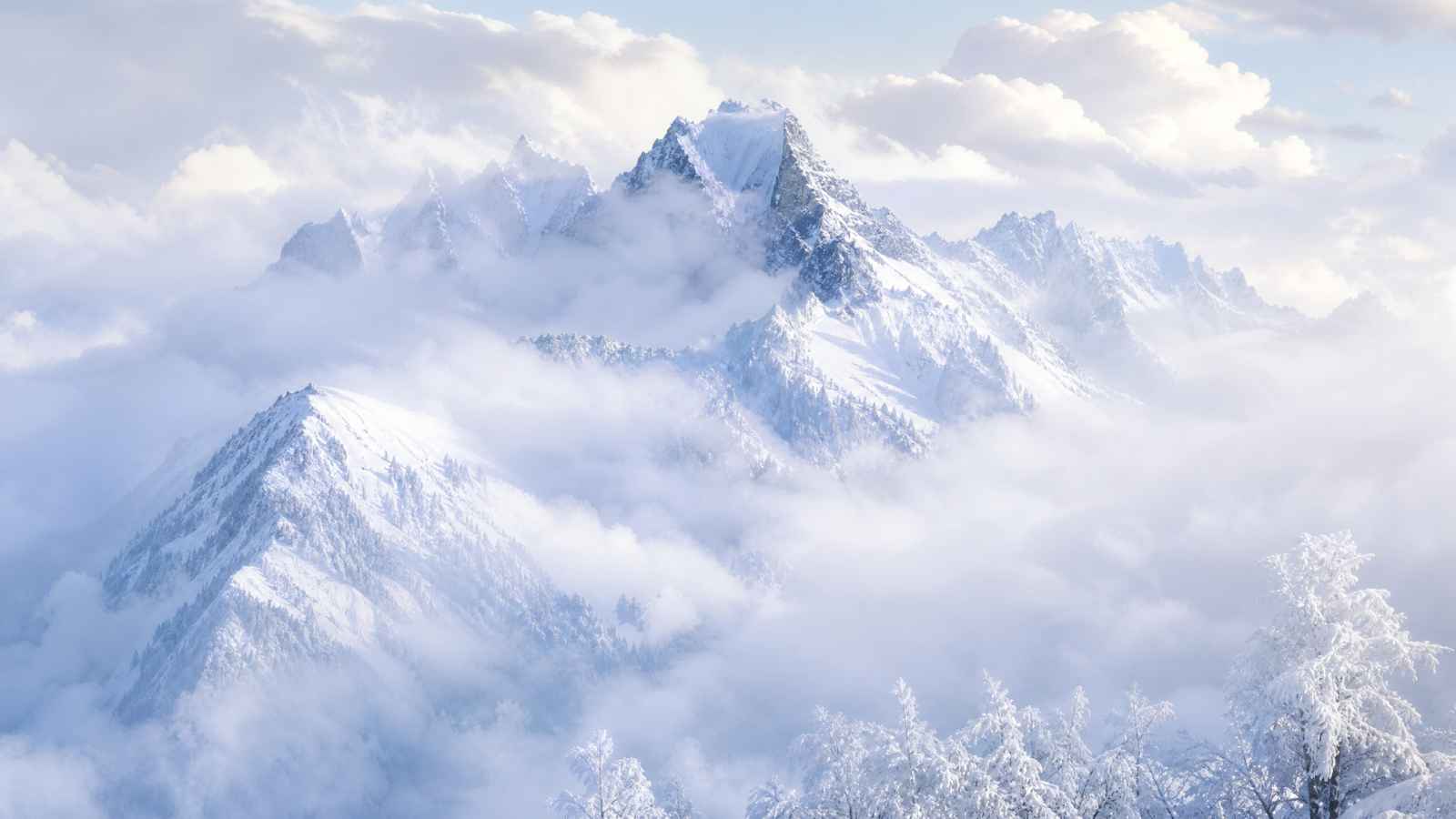 冬日雪山云雾 雪峰云雾 若隐若现 仙境冬景 4K壁纸 - 唯爱壁纸