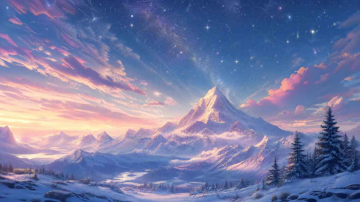 艺术 山 雪 绘画 自然 星星 天空 云 4K壁纸 - 唯爱壁纸