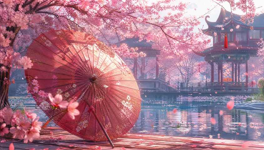樱花与纸伞 古风场景 纸伞樱花 唯美国风 4K壁纸 - 唯爱壁纸