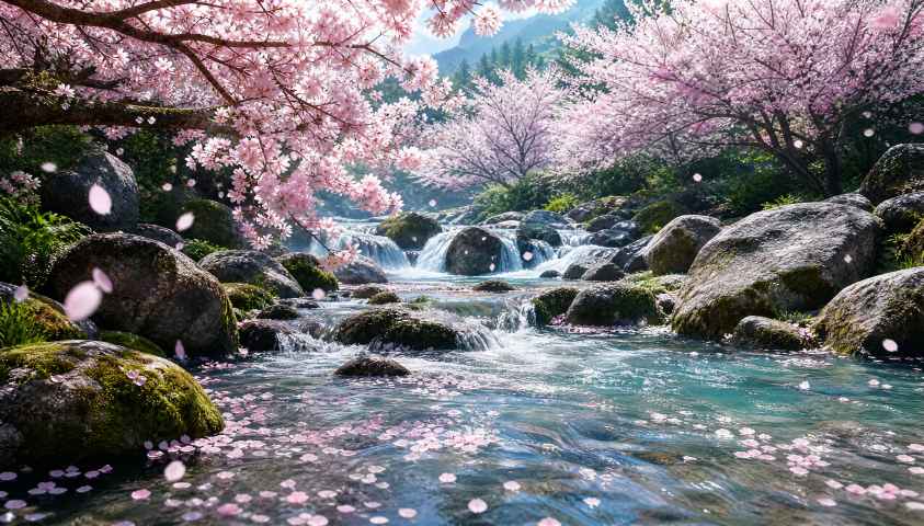 樱花与溪流 山涧清溪 花瓣逐水 清凉春意 4K壁纸 - 唯爱壁纸