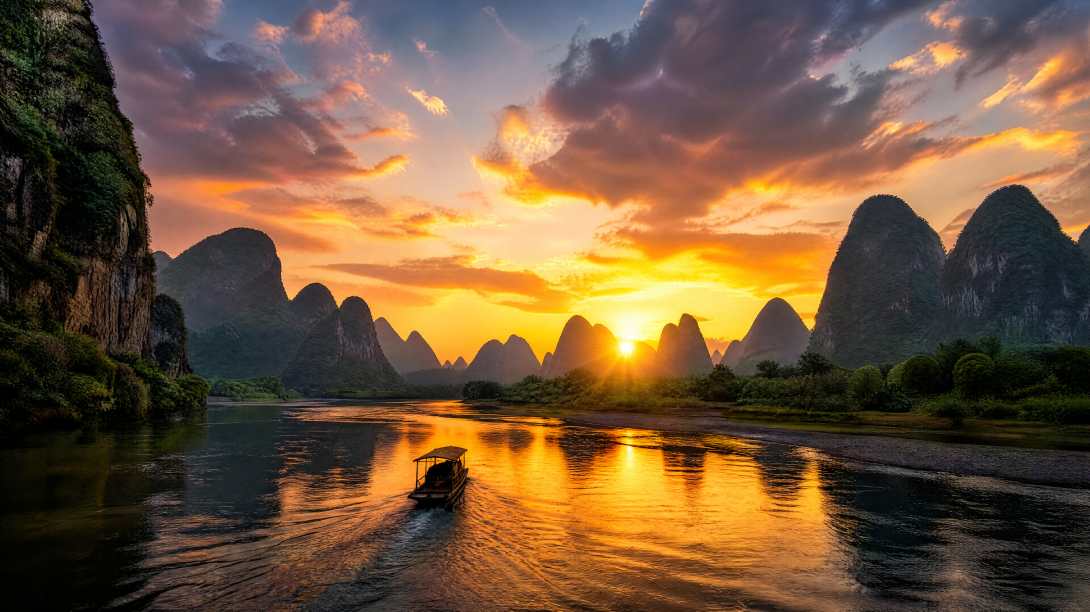 自然 风景 天空 云 山脉 船 水 河流 日落 4K壁纸 - 唯爱壁纸