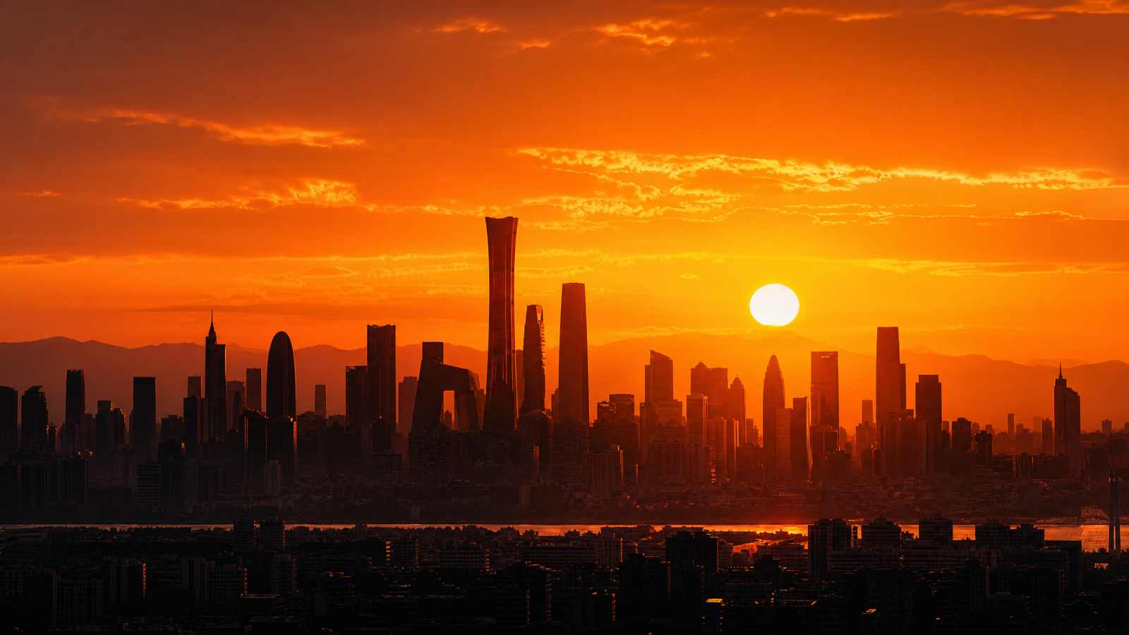 城市天际线，日落，剪影，高楼，暖色调，全景 - 唯爱壁纸