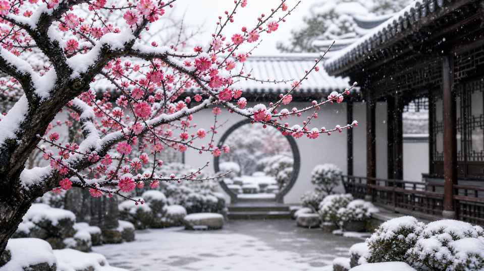 雪与梅花庭院 庭院梅树 傲雪绽放 雅致冬日 4K壁纸 - 唯爱壁纸