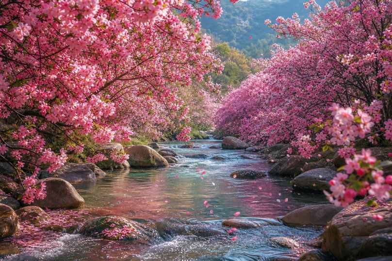 海棠花溪 溪水两岸 海棠盛放 落花流水 4K壁纸 - 唯爱壁纸