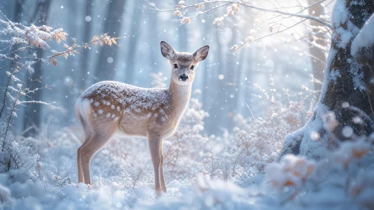 小鹿与初雪林间 浅毛覆薄雪 林间独行 梦幻冬景 4K壁纸 - 唯爱壁纸