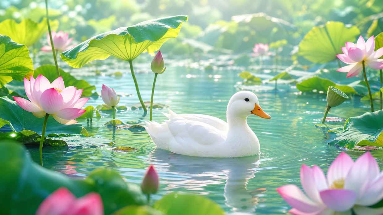 柯尔鸭与荷塘浅塘 白羽游弋 荷风阵阵 清新夏日 4K壁纸 - 唯爱壁纸