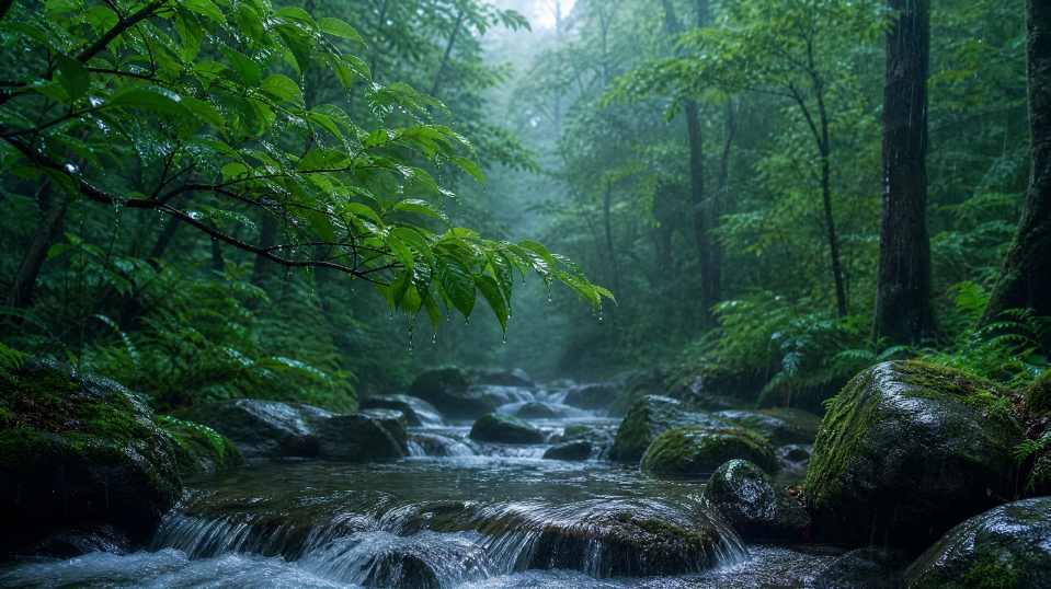 雨天林间溪流 雨水滴落枝叶 溪水叮咚 清幽森林 4K壁纸 - 唯爱壁纸