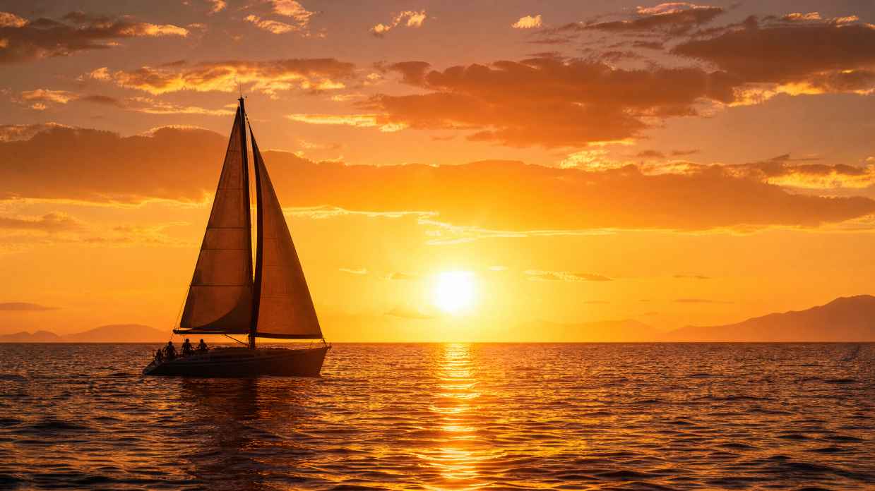 帆船夕阳 白帆剪影 海面金光 远方天空 唯美航海 4K 壁纸 - 唯爱壁纸