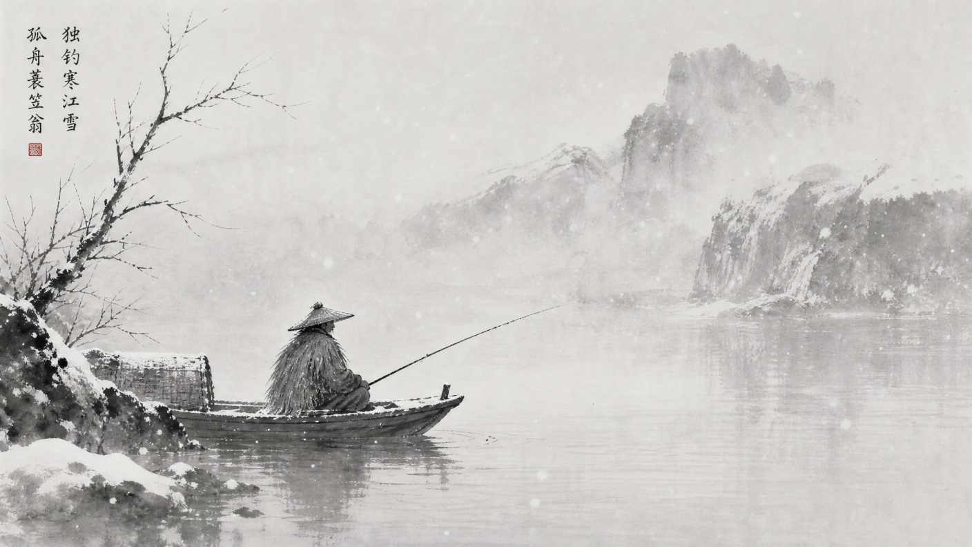 水墨画风格，孤舟蓑笠翁，独钓寒江雪，黑白灰，意境 - 唯爱壁纸
