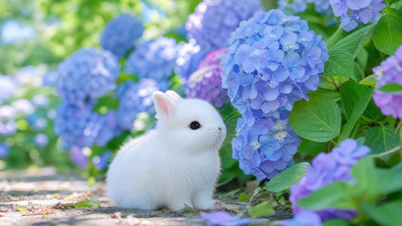 侏儒兔与绣球花丛 雪白绒毛 蓝紫繁花 软萌春日 4K壁纸 - 唯爱壁纸