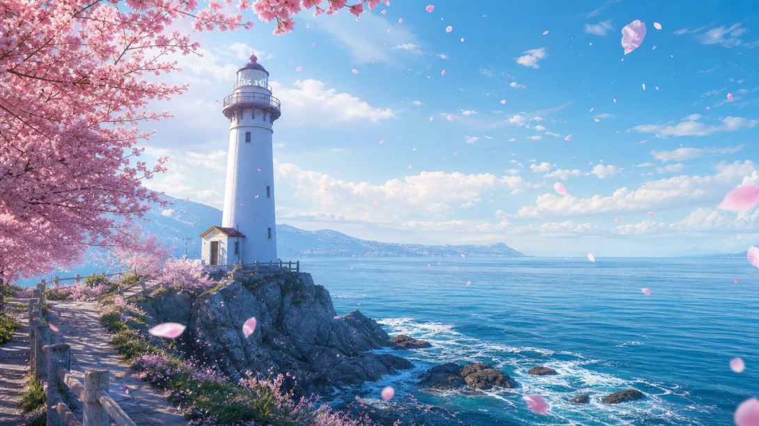 樱花与灯塔 海岸灯塔 粉花相伴 清新文艺 4K壁纸 - 唯爱壁纸