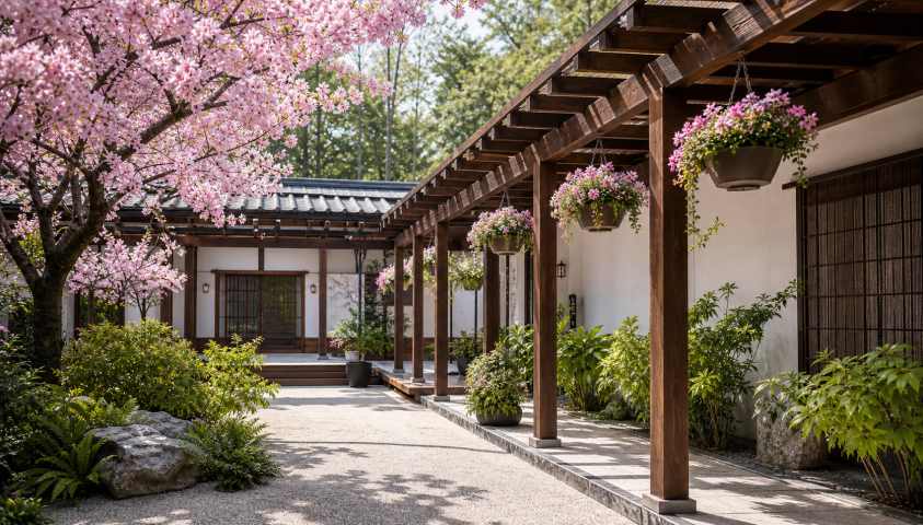 樱花和风院 木架花垂 白砂绿植 清新雅致 4K壁纸 - 唯爱壁纸
