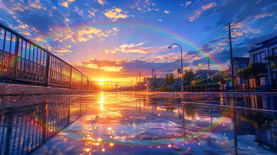 雨后天晴夕阳 湿润地面 彩虹微光 天空清透 唯美治愈 4K 壁纸 - 唯爱壁纸
