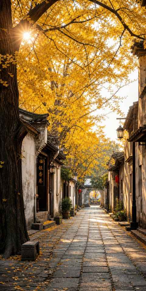 银杏与老巷 青石板路 老房银杏 岁月静好 4K壁纸 - 唯爱壁纸