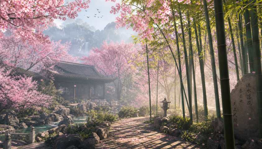 樱花与竹林 竹影樱花 清雅春日 东方意境 4K壁纸 - 唯爱壁纸