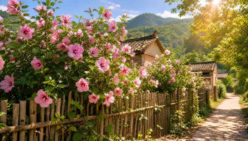 木槿花与乡村篱笆 繁花满枝 暖阳照耀 恬淡乡野 4K壁纸 - 唯爱壁纸