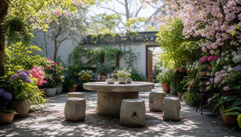 春日庭院花事 盆栽花卉 石桌石凳 闲逸春日 4K壁纸 - 唯爱壁纸