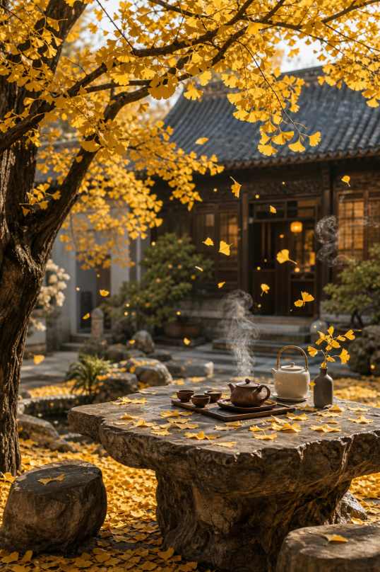 秋日银杏与茶 庭院茶桌 银杏叶落 品茶赏秋 4K壁纸 - 唯爱壁纸