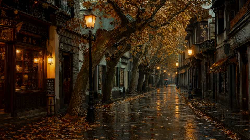 秋雨老街 梧桐落叶 路灯微光 复古氛围感 4K壁纸 - 唯爱壁纸