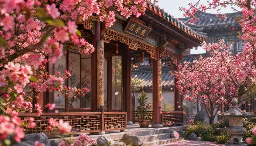 海棠花与古风庭院 雕梁画栋 海棠盛放 雅致国风 4K壁纸 - 唯爱壁纸
