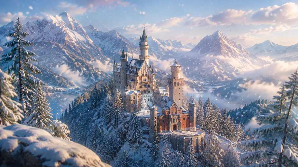 雪与古堡 山间古堡 白雪覆盖 童话冬景 4K壁纸 - 唯爱壁纸