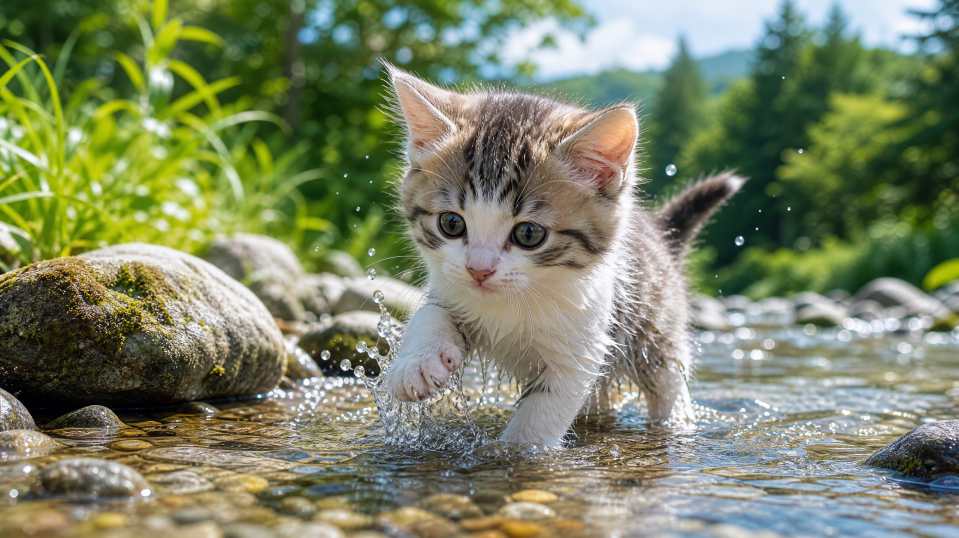小猫与浅溪石块 踏水浅玩 水珠沾毛 清凉清新 4K壁纸 - 唯爱壁纸