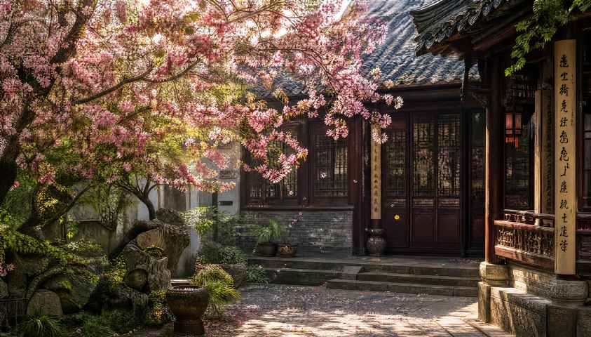 古宅庭院 海棠花开 春日光影 雅致古风 4K 壁纸 - 唯爱壁纸