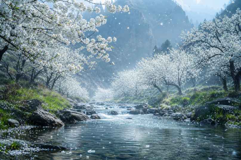 梨花溪谷 溪水两岸 梨花盛放 清冷治愈 4K壁纸 - 唯爱壁纸