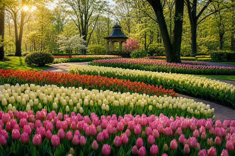 郁金香花园 各色花株 整齐排列 精致春日 4K壁纸 - 唯爱壁纸
