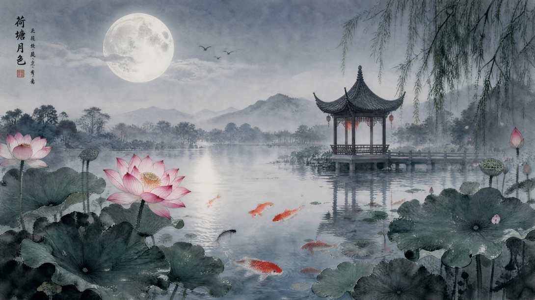 荷塘月色 莲花亭亭 锦鲤游弋 水墨国风 4K 壁纸 - 唯爱壁纸
