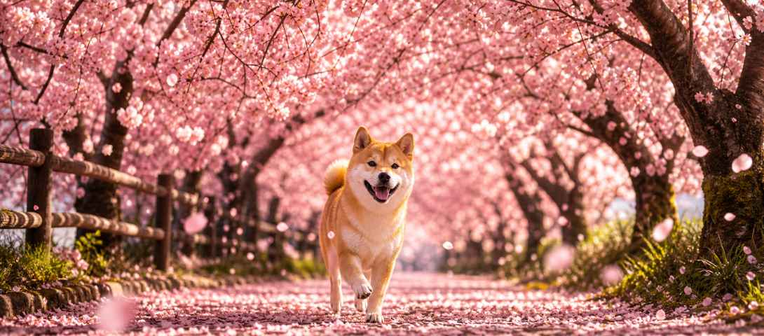 柴犬与樱花隧道 笑脸迎人 花下漫步 浪漫春日 4K壁纸 - 唯爱壁纸