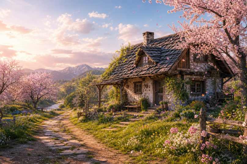 樱花与牧场小屋 草原小屋 花树旁立 治愈田园 4K壁纸 - 唯爱壁纸