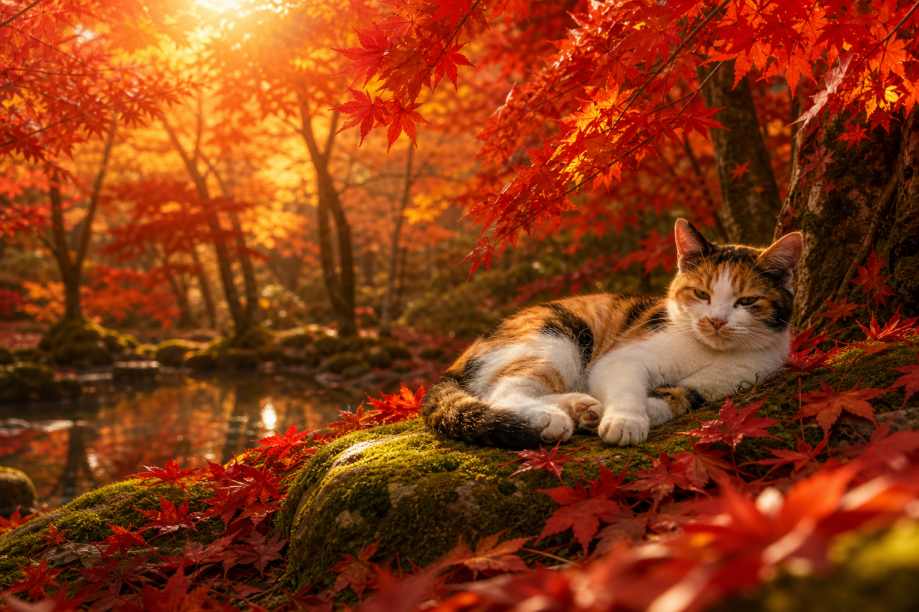 秋日枫林与猫 三花猫 红叶林 慵懒治愈 4K壁纸 - 唯爱壁纸
