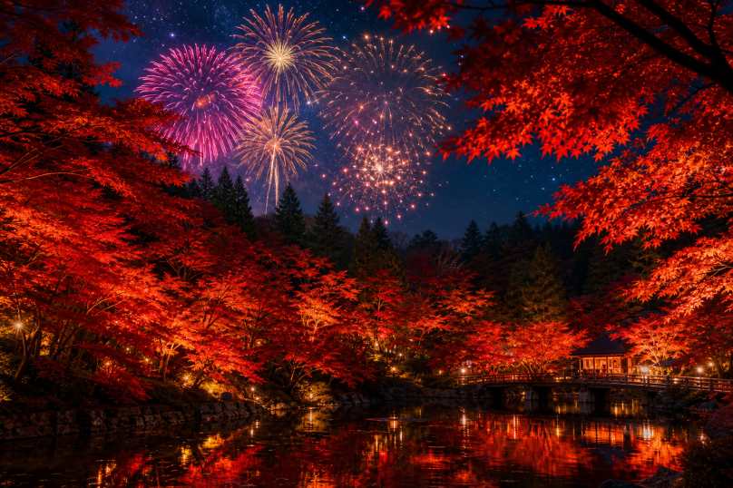 枫林与秋日烟花 夜晚枫林 烟花绽放 浪漫秋夜 4K壁纸 - 唯爱壁纸