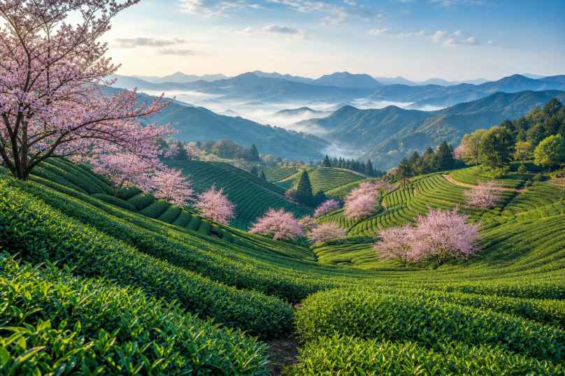 樱花茶园 茶树叠翠 粉花点缀 山间春意 4K壁纸 - 唯爱壁纸
