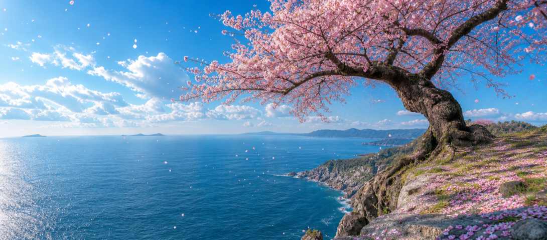樱花与大海 悬崖花树 碧海蓝天 壮阔清新 4K壁纸 - 唯爱壁纸