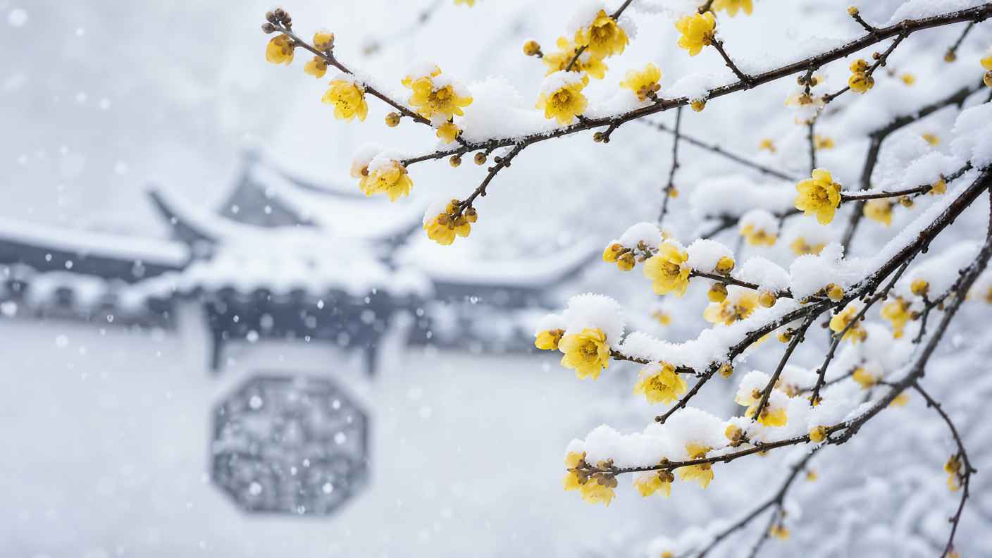 雪与腊梅 腊梅傲雪 黄花白雪 清雅冬日 4K壁纸 - 唯爱壁纸