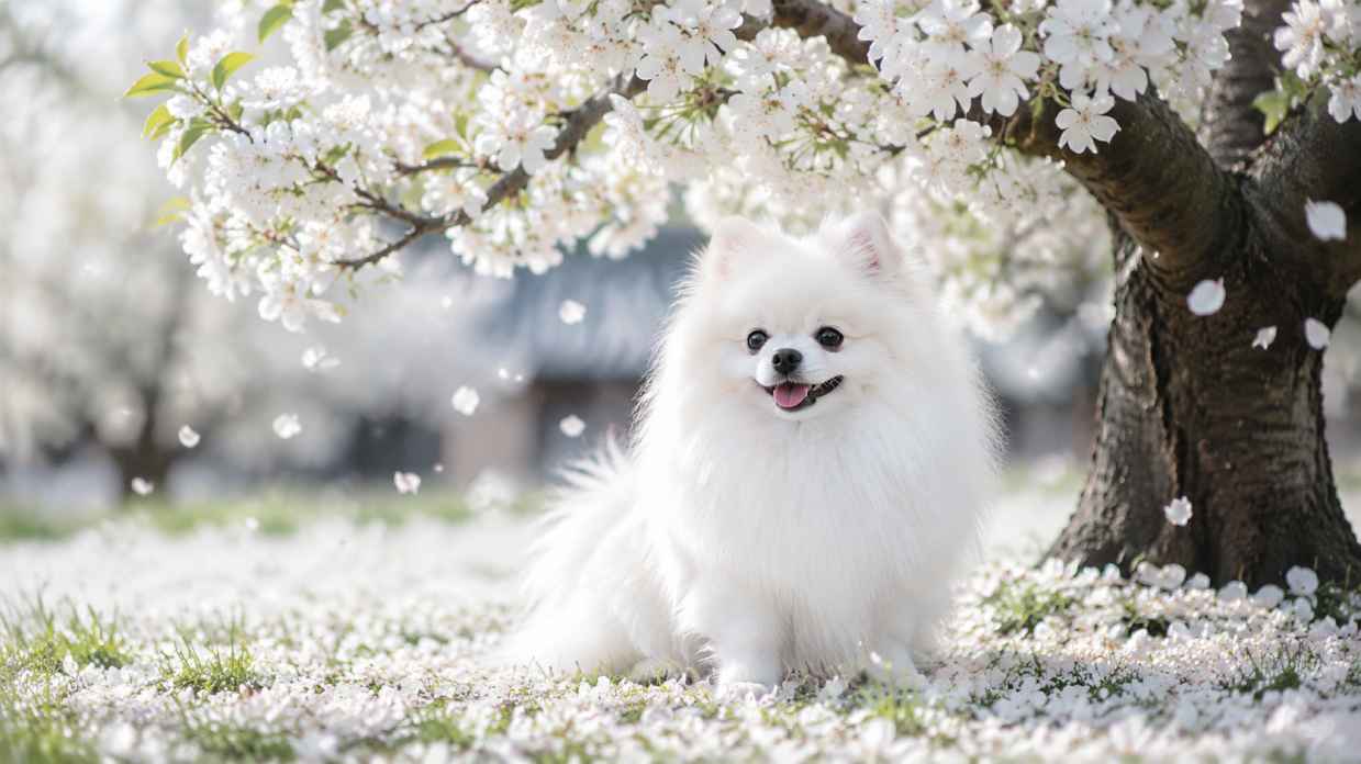 博美与梨花树下 白毛似雪 花瓣飘落 纯净春日 4K壁纸 - 唯爱壁纸